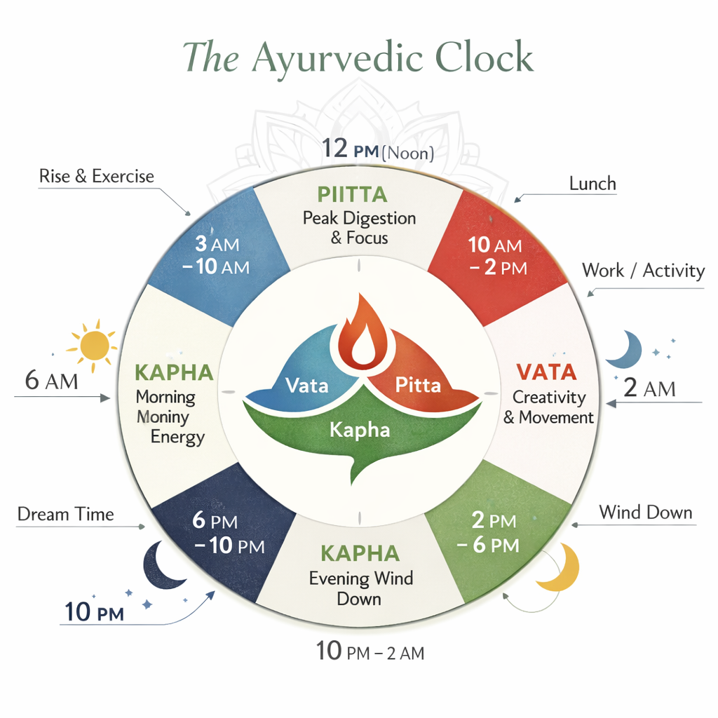 Ayurvedic clock showing Dinacharya daily routine with Vata, Pitta and Kapha time cycles throughout the day.