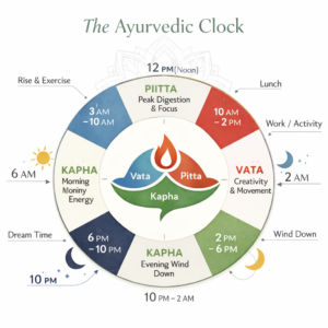 Ayurvedic clock showing Dinacharya daily routine with Vata, Pitta and Kapha time cycles throughout the day.