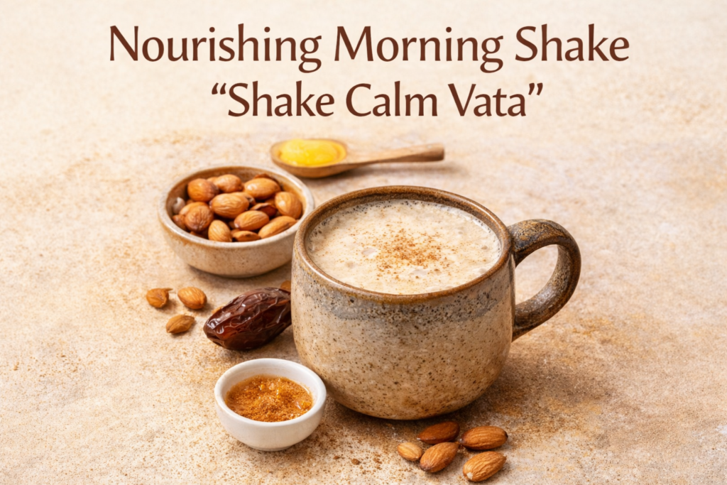 Warm Shake Calm Vata in a glass mug with almonds, honey, ghee, and a sprinkle of cinnamon – nourishing Ayurvedic morning shake.