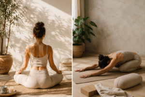 Woman practising gentle yoga in a calm natural setting